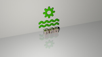 SUN text of cubic dice letters on the floor and 3D icon on the wall. 3D illustration. background and beautiful