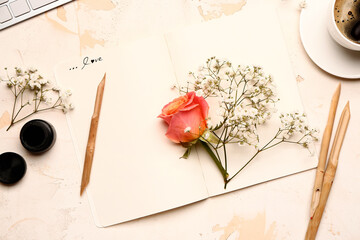 Vintage composition with pens and letter on white background