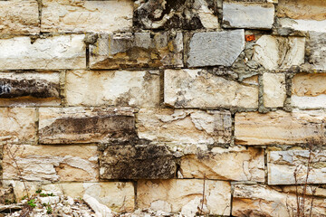 Abstract background old white brick wall with cracks and scratches. Landscape style. Great background or texture.