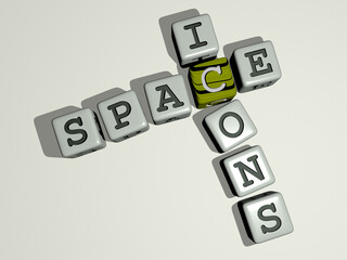 space icons crossword by cubic dice letters. 3D illustration. background and copy