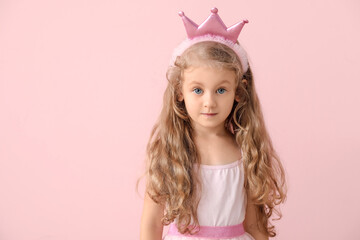 Cute little princess on color background