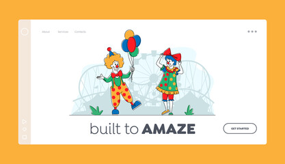 Clown Comedian in Amusement Park Landing Page Template. Big Top Smiling Joker Character with Balloons. Circus Performers