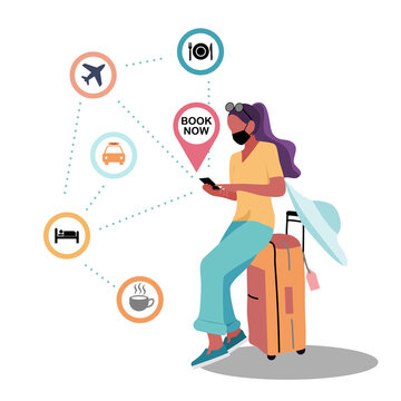 Female Traveler (wear Face Mask) Sit On Suitcase And Use Booking Application For Reserve Hotel, Taxi, Cafe, Restaurant Online After Covid Pandemic.