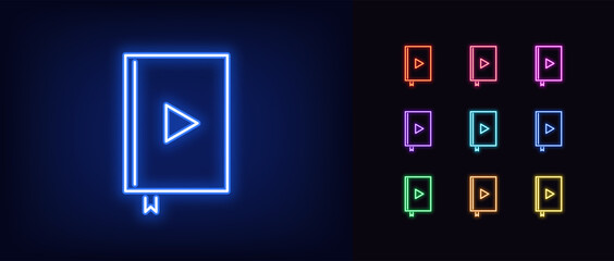 Neon audiobook icon. Glowing neon audio book with play sign, online library