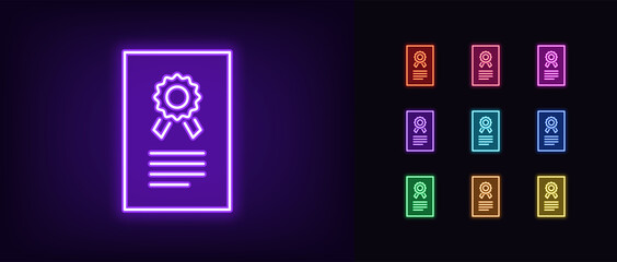 Neon certificate icon. Glowing neon license sign, patent document