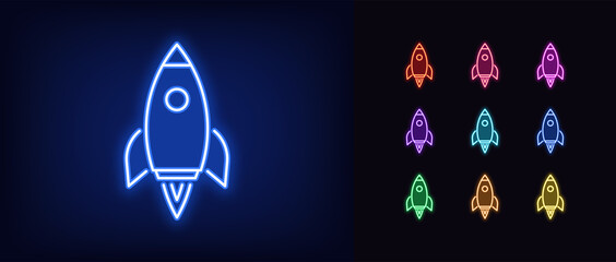 Neon rocket icon. Glowing neon spacecraft sign, spaceship flight © Дмитрий Майер