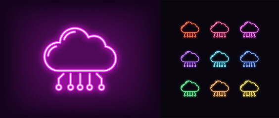 Neon cloud hosting icon. Glowing neon cloud service, online datacenter