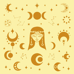 Collection of moon mystical and mysterious illustrations in hand drawn style. Perfect for tattoo, textile, cards, mystery,  logo emblems and product packaging.