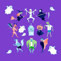 Fototapeta premium Halloweenowe potwory Halloween zestaw ilustracji akwarela