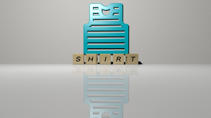 SHIRT text of cubic dice letters on the floor and 3D icon on the wall. 3D illustration. background and white