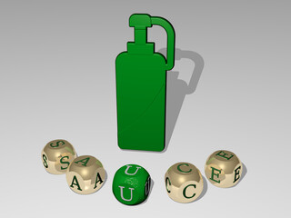 Fototapeta premium sauce round text of cubic letters around 3D icon. 3D illustration. background and food