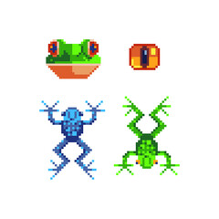 Frogs icons pixel art set, isolated vector illustration. Logo design template. Used for embroidery sticker or mobile application. Video game assets.