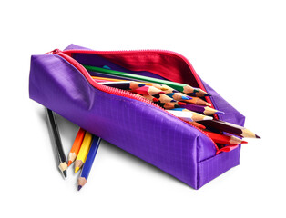 Case with set of colorful pencils on white background