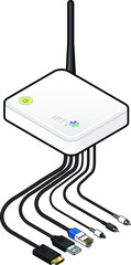 A small white IP TV set top box or integrated receiver decoder with cables, connectors and wifi antenna.