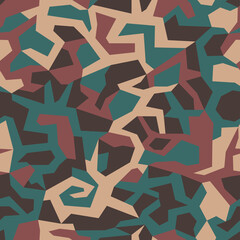 Obraz premium Geometric camo, seamless pattern. Abstract military or hunting camouflage background. Brown, green, black color. Vector illustration.