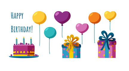 Fototapeta premium Birthday accessories in colorful set. Balloons, cake and presents for happy birthday. Flat vector illustration isolated in white background