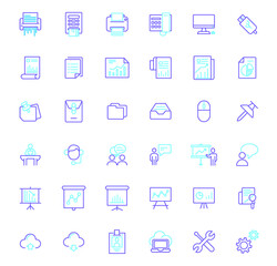 Set of Office and Business icons line style. It contains such Icons as commerce, communications, marketing, statistics, growth, development, technologies,  graph, chart and other elements.