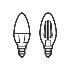 LED light lamp bulb vector outline icon set, isolated on white background