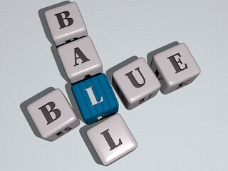 blue ball crossword by cubic dice letters. 3D illustration. background and abstract