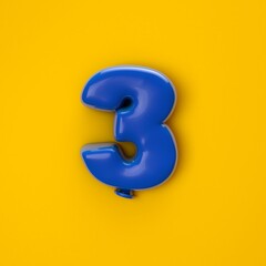 Numeral 3. Foil balloon number on yellow background. 3d illustration