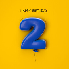 Numeral 2. Foil balloon number on yellow background. 3d illustration. Happy birthday