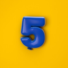 Numeral 5. Foil balloon number on yellow background. 3d illustration