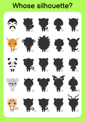 Game template find correct shadow. Matching game for children. Educational activity page for preschool years kids and toddlers. Set of cartoon animals. Colorful vector stock illustration.