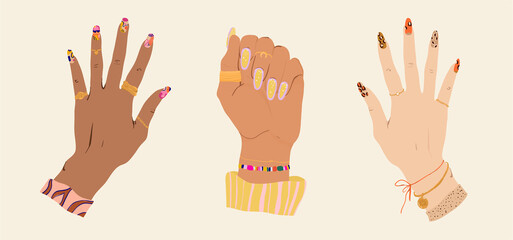 Set of trendy female manicured hand with modern jewelry. Hand drawn colorful concept illustrations in flat style.