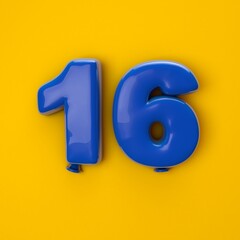 Numeral 16. Foil balloon number on yellow background. 3d illustration