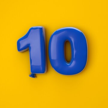 Numeral 10. Foil balloon number on yellow background. 3d illustration