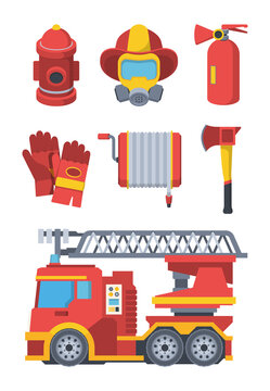 Firefighter service set. Fire extinguishing equipment outdoor water column mask with respirator protective gloves hydrant hose reel ax and specialized machine with ladder. Vector cartoon.