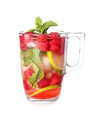 Cup of cold raspberry tea on white background