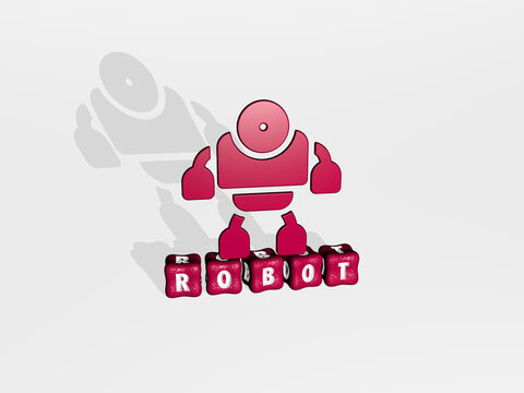 robot 3D icon on cubic text. 3D illustration. artificial and background