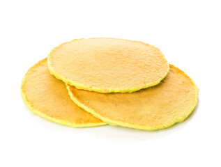 Tasty green pancakes on white background