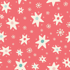 Christmas tossed star and snowflake seamless pattern background. Hand drawn seasonal vector repeat design in vintage colours.