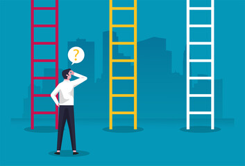 Businessman character standing in front of ladders confused making decision in business illustration. Choices, career growth, confused mind concept. ladder to get success symbol