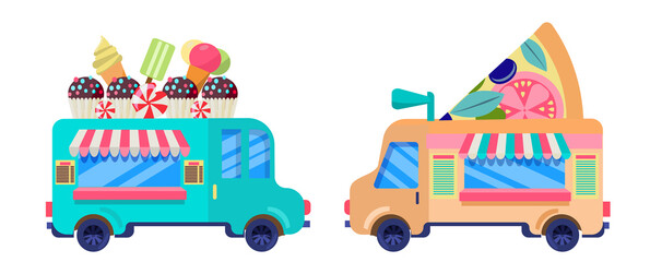 A set of street food trucks isolated on a white background. Fast food delivery.  Flat design vector. A collection of Cartoon fast food cars with an artboard on the roof. Street food festival.