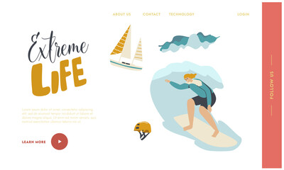 Surfing Recreation in Ocean Landing Page Template. Young Woman Surfer Character in Swim Wear Riding Sea Wave on Board