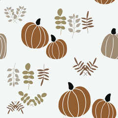 Seamless vector pattern with the image of autumn leaves, pumkins, nuts stylized in a flat style, Cozy and cute. Trendy colors of the autumn are perfect for scrapbooking paper, textile, fabric, card