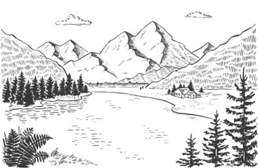 Vector illustration of nature. landscape with mountains, meadows, river and forest. Illustration of tourism and recreation in the wild. hand-drawn sketch, black and white graphics