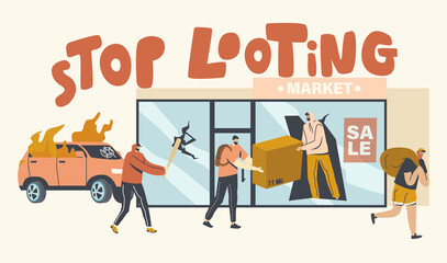 Stop Looting Concept. Aggressive Masked Characters Breaking Store Showcase for Steeling Goods, Damage Cars and Equipment