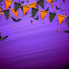 Bats and garland on violet brushstrokes background.