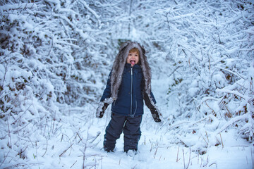 Kids having fun in white snow field against snowy trees. Kids winter portrait. Cute Winter boy in frosty winter Park. People in snow.