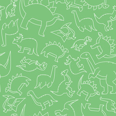 Obraz premium Dinosaurs - Vector background (seamless pattern) of triceratops, stegosaurus, tyrannosaurus and other animals of the Jurassic period for graphic design