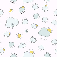 Weather - Vector color background (seamless pattern) of snow, storm, rain, cloud, sunny, wind and moon for graphic design