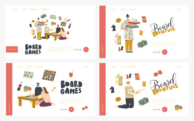 Characters Playing Board Games Landing Page Template Set. People Play on Weekend Sit Around Table. Sparetime in Friends