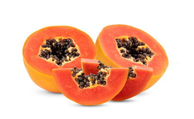 ripe papaya fruit with seeds on white background