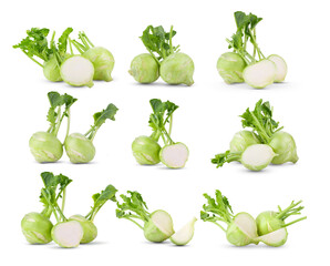 set of fresh kohlrabi with green leaves on white backround