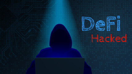 Defi hacked concept. Silhouette of a hacker with a computer and text on a dark digital background. Horizontal. Vector EPS10.
