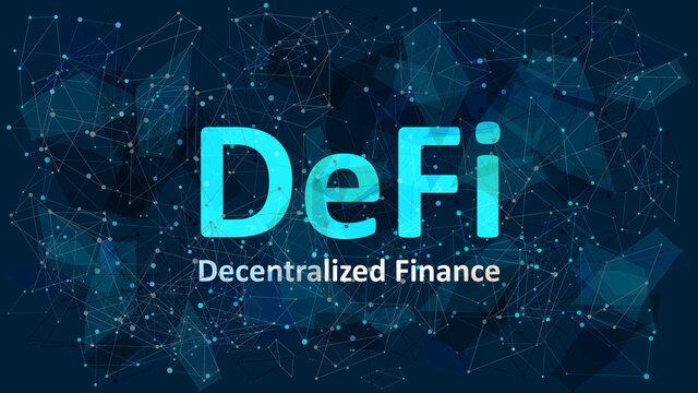 Text Defi - decentralized finance on dark blue abstract polygonal background. An ecosystem of financial applications and services based on public blockchains. Vector EPS 10.